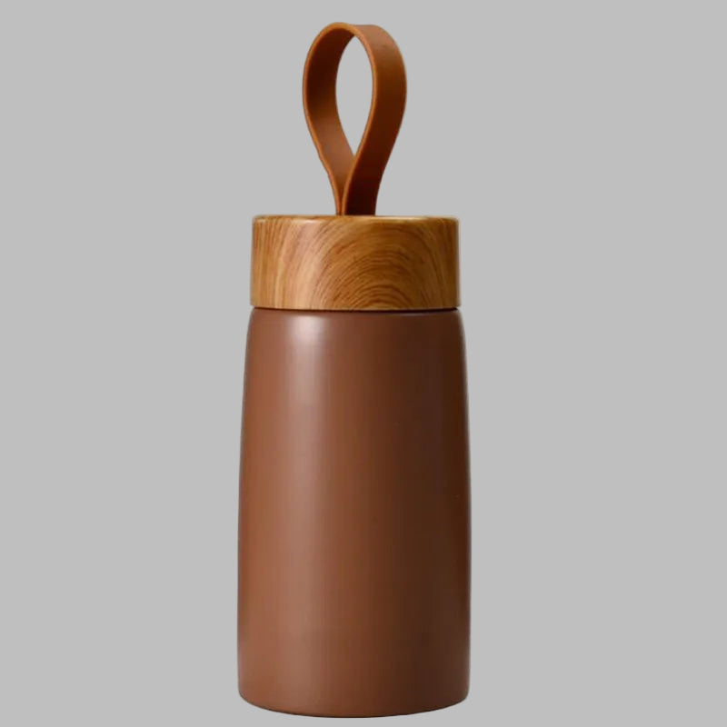 Brown thermos bottle with wooden lid and handle on a white background